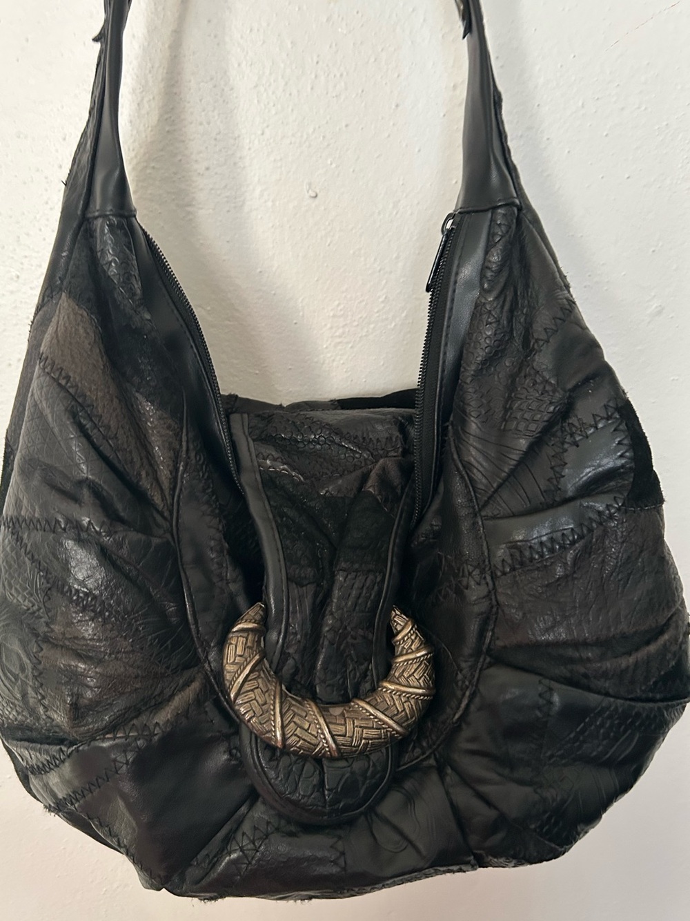 Vintage Leather Patched Patch Work Y2K Purse Boho Urban Black Buckle